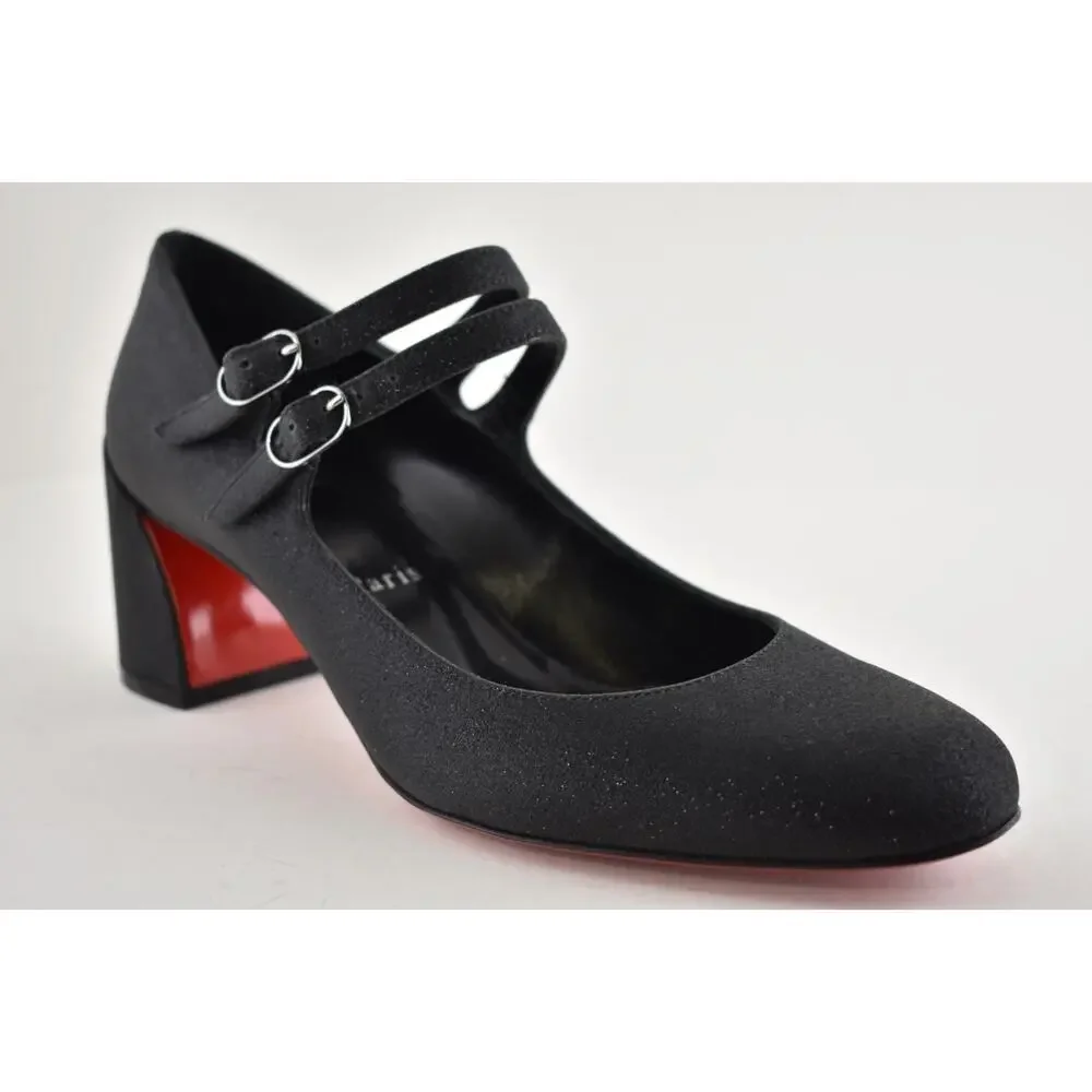 Christian Louboutin Miss Jane 55 Black Glitter Mary Jane Block Heel Pump 37.5